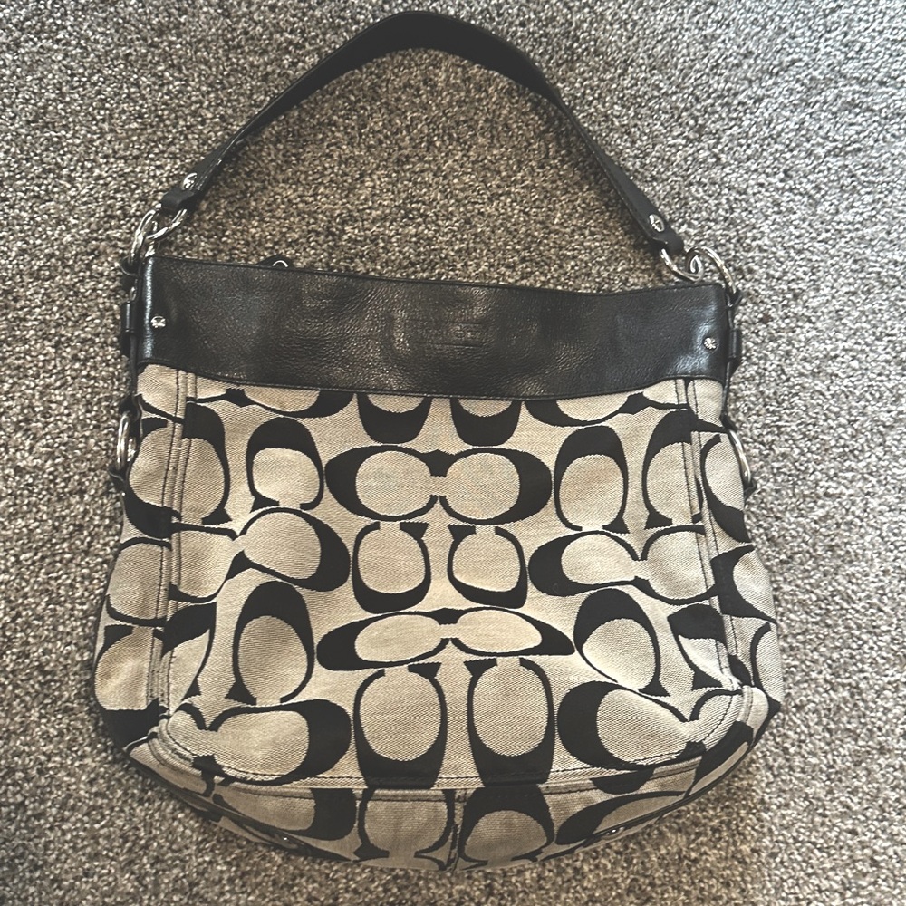 SOLD-Authentic Coach Signature Logo Zoe Large Shoulder Bag. GrayBlack